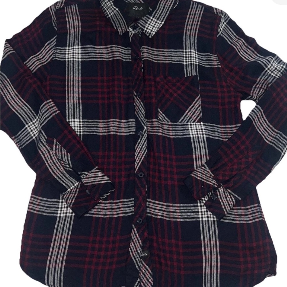 Rails Hunter Plaid Shirt Womens
Sz S Merlot Indigo Top Long
Sleeves Rayon